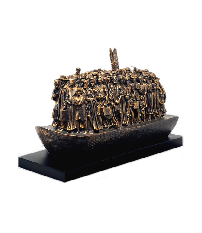 Timothy P. Schmalz Statue refugees in a boat with angel "Angels Unawares" bronze resin on black wood base