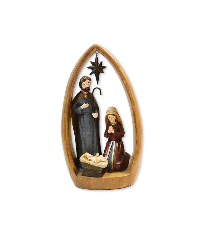 Nativité en résine couleur, aspect bois  avec arc en ogive étoilé