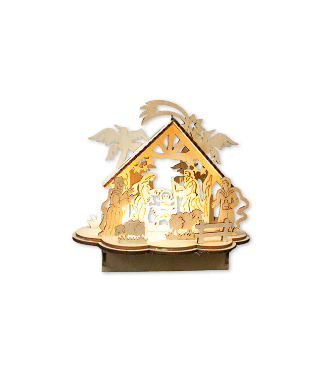 Wooden Nativity scene with LED, 4 palm trees, 2 shepherds ornament