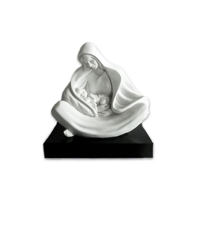 Timothy P. Schmalz Statue Mother and Child sitting in white Indian "Mother" Carrara marble on black wood base