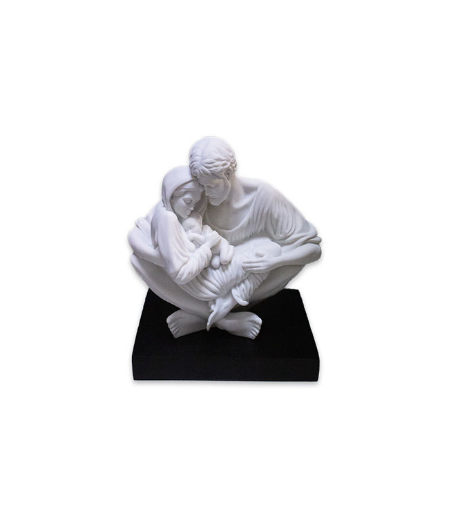 Timothy P. Schmalz Nativity statue "A Quiet Moment" in white Carrara marble on black wood base.