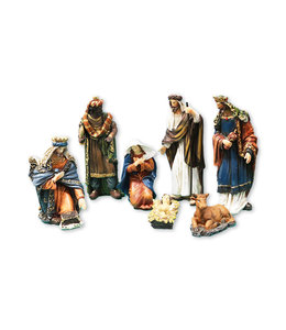 Nativity scene made of resin and golden swirls