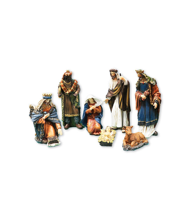 Crèche en résine couleurs vives et volutes dorées 7pcs