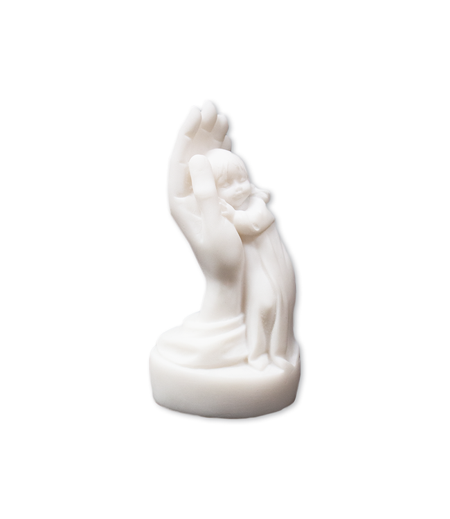 Statue of a girl dreaming in a hand made of white alabaster