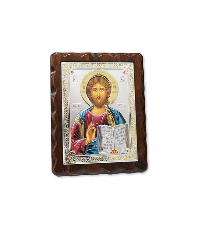 Icon Jesus the teacher in silver and gold embossed metal on wood