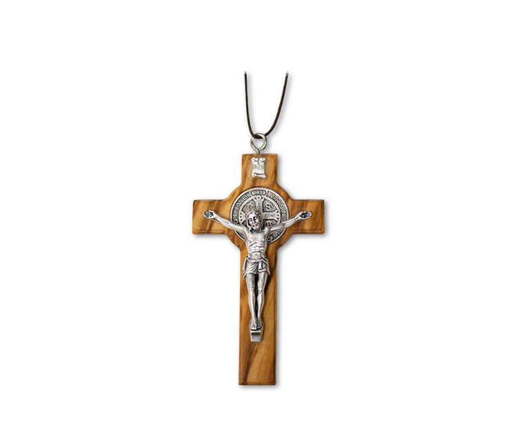 Collier Pendentif Croix Crucifix En Argent Sterling 925 Avec Médaille Saint Benoît - Neuf, Chaîne 49 Cm