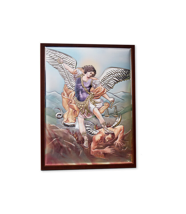 Saint Michael silver and color plaque on wood