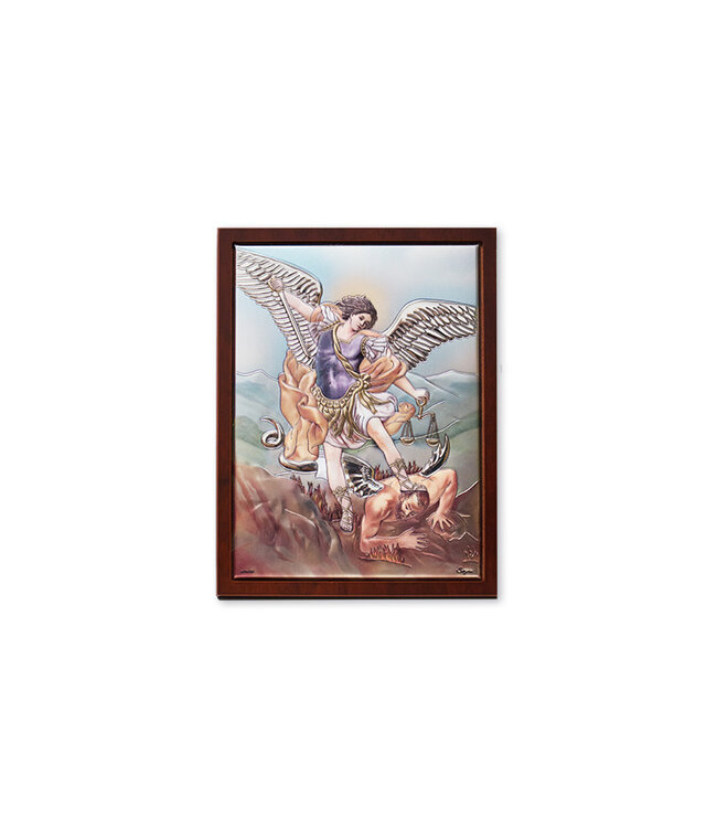 Saint Michael silver and color plaque on wood