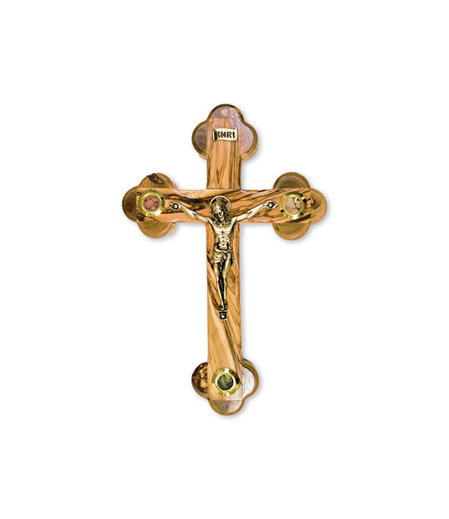 Crucifix oriental en bois d'olivier avec pierre, feuille d'olivier et encens