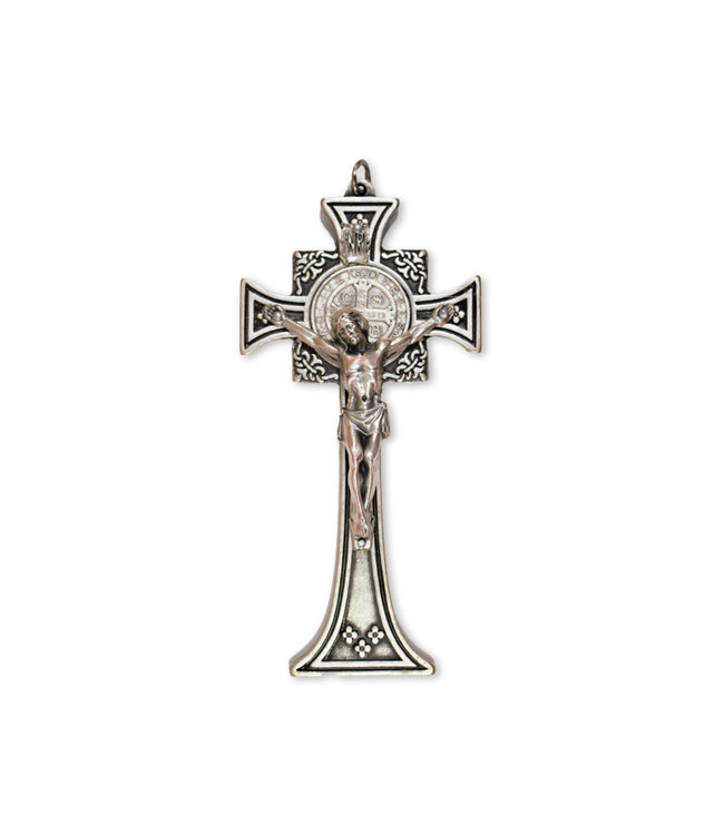 Small crucifix of Saint Benedict in pewter with square base and motifs