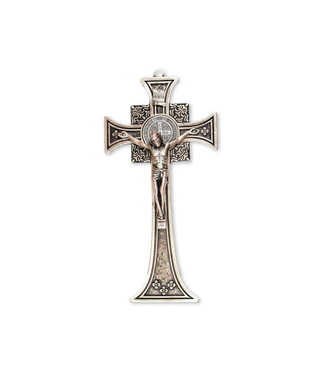 Big crucifix of Saint Benedict in pewter with square base and motifs