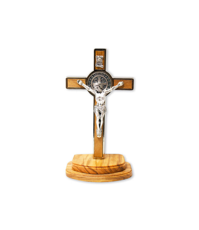 Olive wood crucifix of Saint Benedict on base
