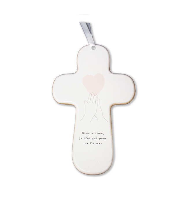 ''Dieu m'aime, je n'ai pas peur de l'aimer'' wood cross (French)