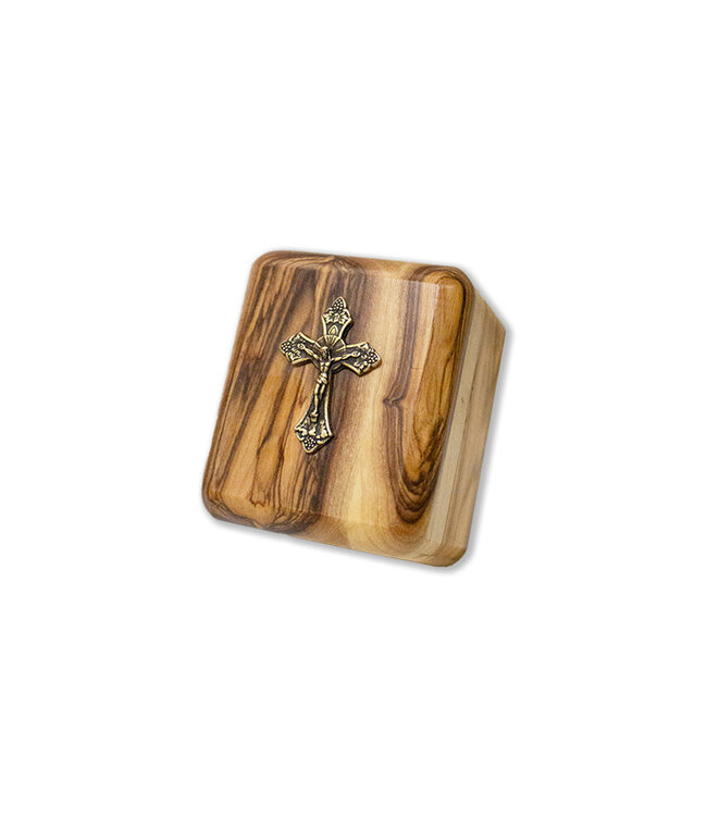 Olive wood box with classic pewter cross