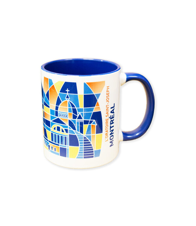 Mug in blue with a stain glass design of the Oratory Collection