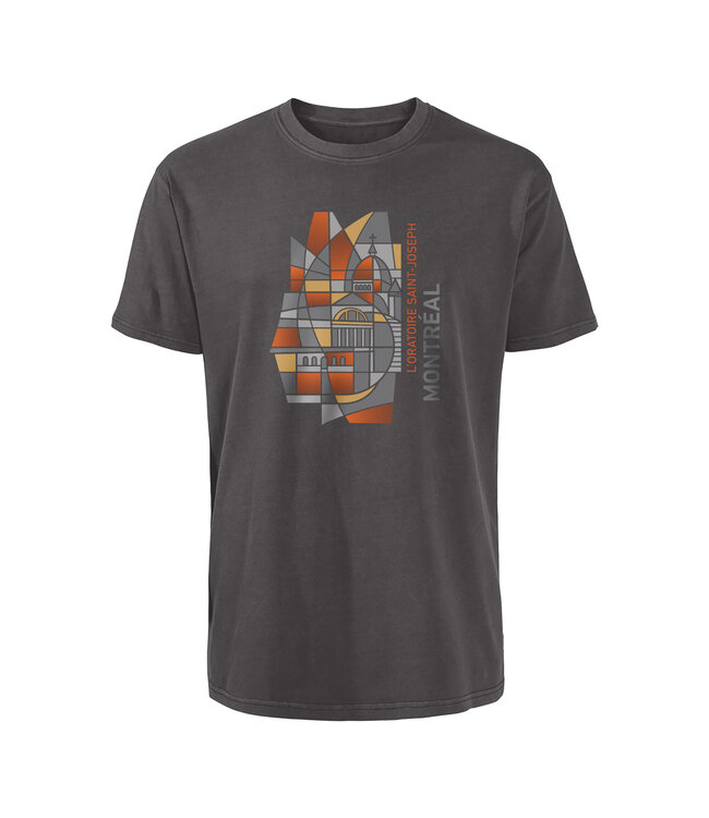 Grey T-shirt with a stained glass design of the Oratory Collection