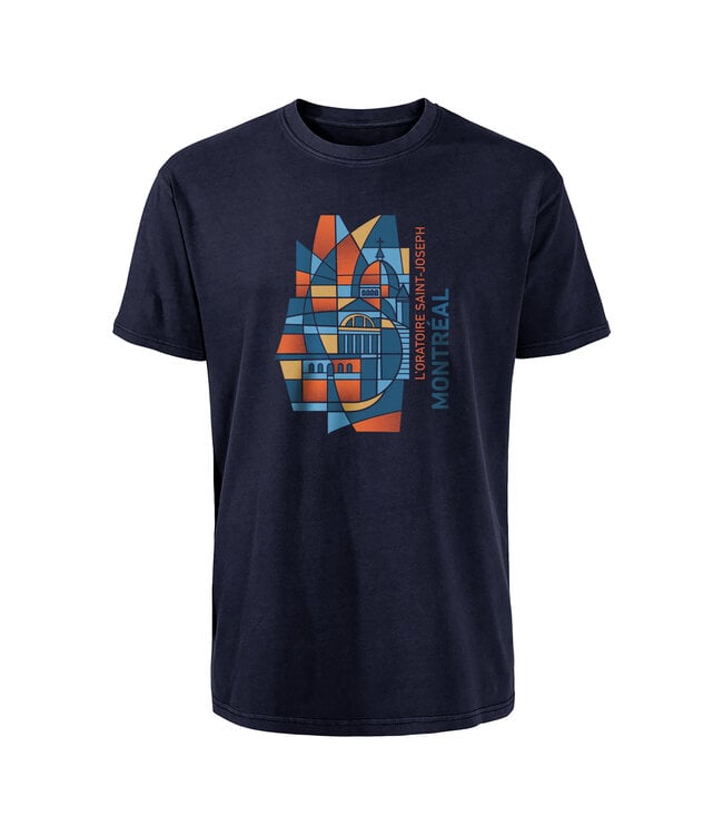 Dark blue T-shirt with a stained glass design of the Oratory Collection