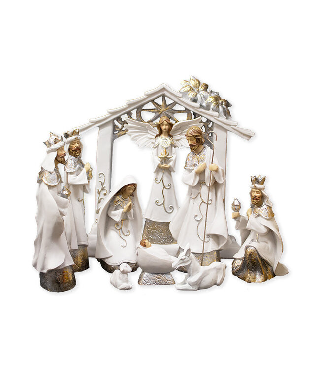 Nativity scene with ten characters and stable