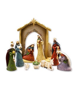 Colored Nativity scene with nine characters and stable