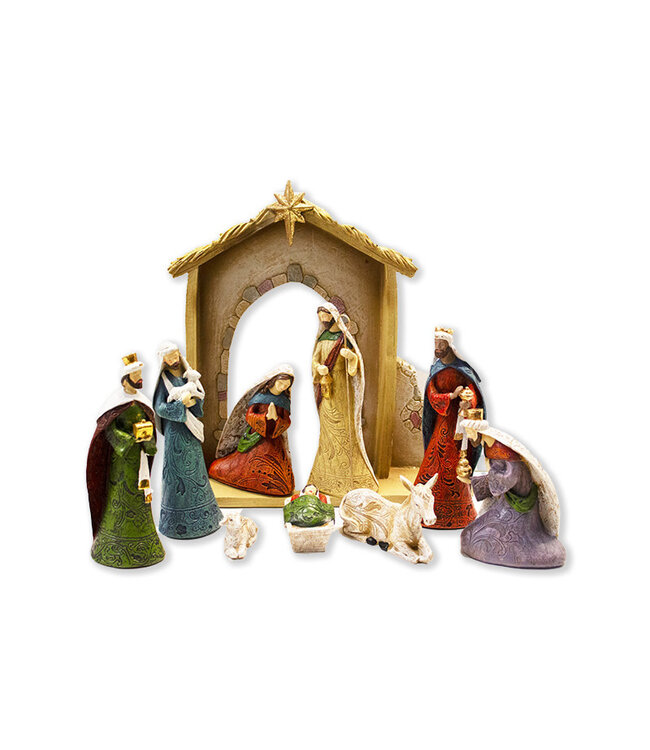 Colored Nativity scene with nine characters and stable