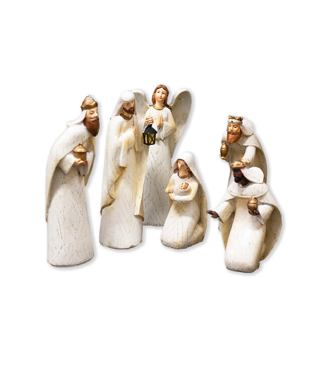 Ivory wood-look Nativity scene with six figurines