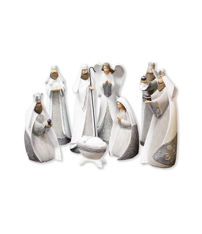 Stylized Nativity scene with eight characters