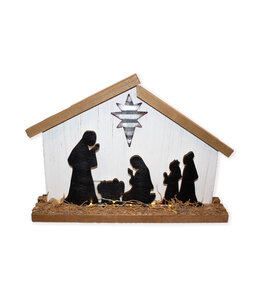 Two-dimensional Nativity scene in cut wood