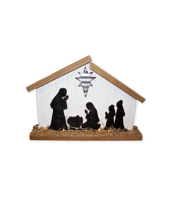 Two-dimensional Nativity scene in cut wood