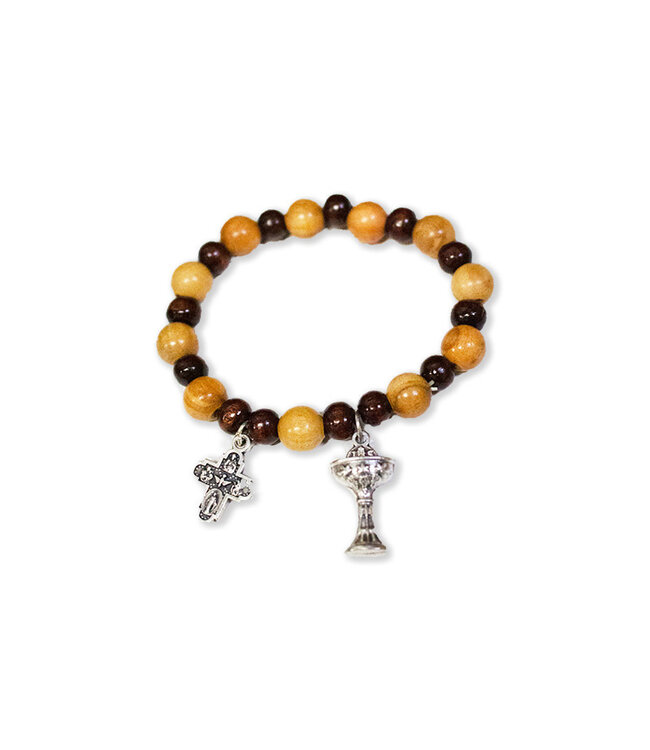 1st Communion bracelet made of two tone wood with chalice and cross 4 paths (elastic)