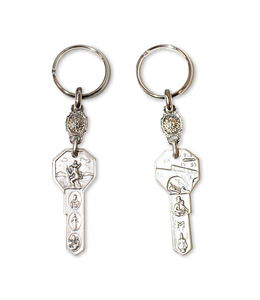 Saint Christopher and vehicles keychain in a key shape