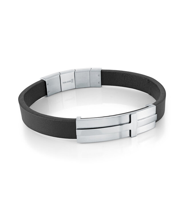 Italgem Black leather strap with raised cross and adjustable brushed stainless steel plate