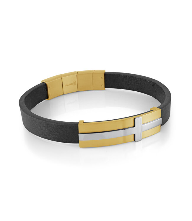 Italgem Bracelet en cuir noir à croix surélevée et plaque brossée en acier inoxydable plaqué or ajustable