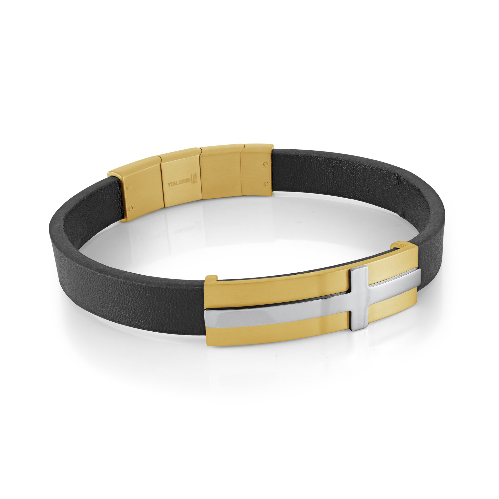 Black leather bracelet with raised cross and gold plating details