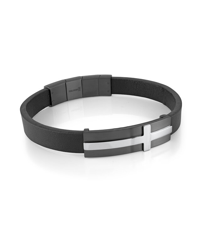 Italgem Black leather bracelet with raised cross and black-plated brushed plate