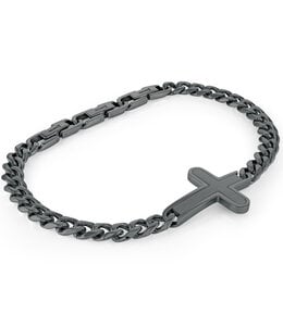 Italgem Brushed cross bracelet with adjustable gunmetal-plated stainless steel gourmette chain