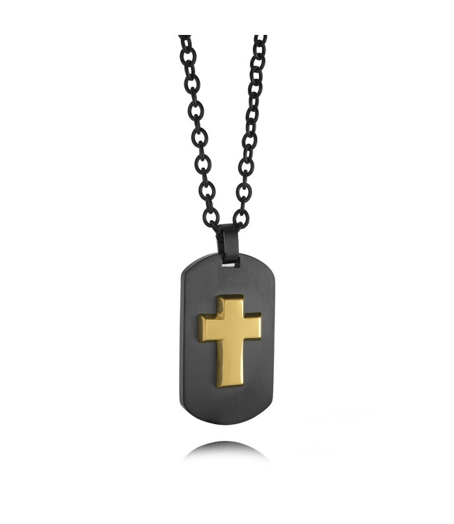 Italgem Collier plaque militaire avec croix plaquée or en acier inoxydable plaqué noir