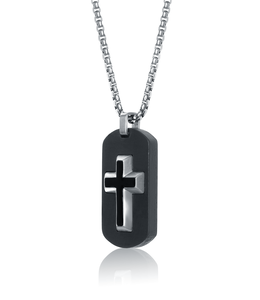 Italgem Matte black carbon fiber military plate pendant with stainless steel cross