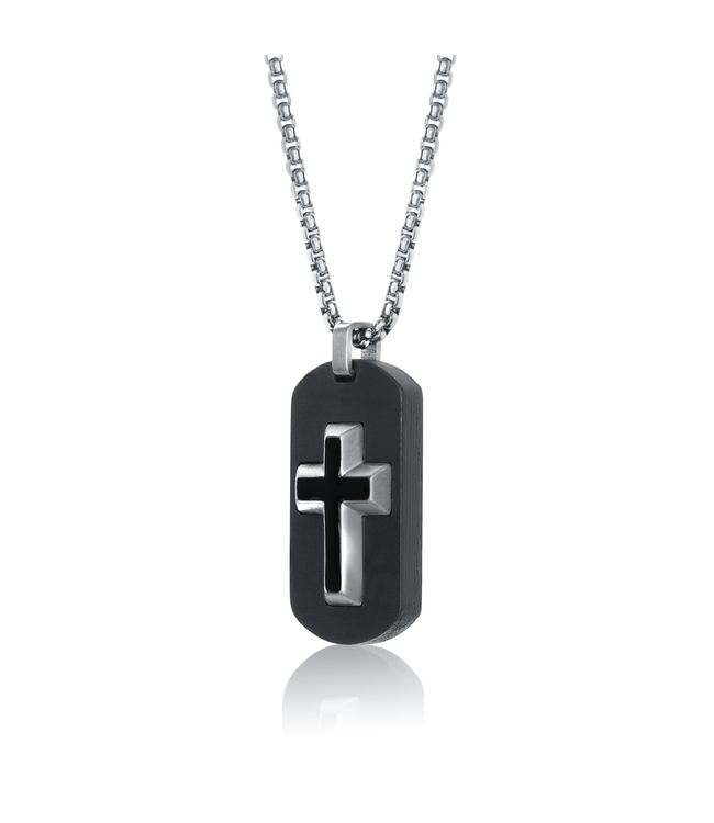 Italgem Pendentif plaque militaire noire mate en fibre de carbone avec croix en acier inoxydable