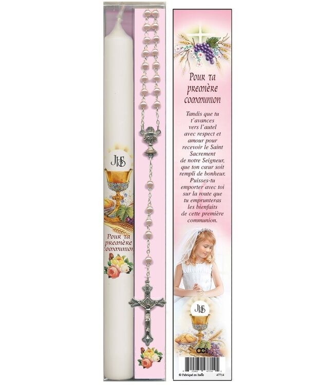 1st Communion Girl's set, Rosary-Candle (French)