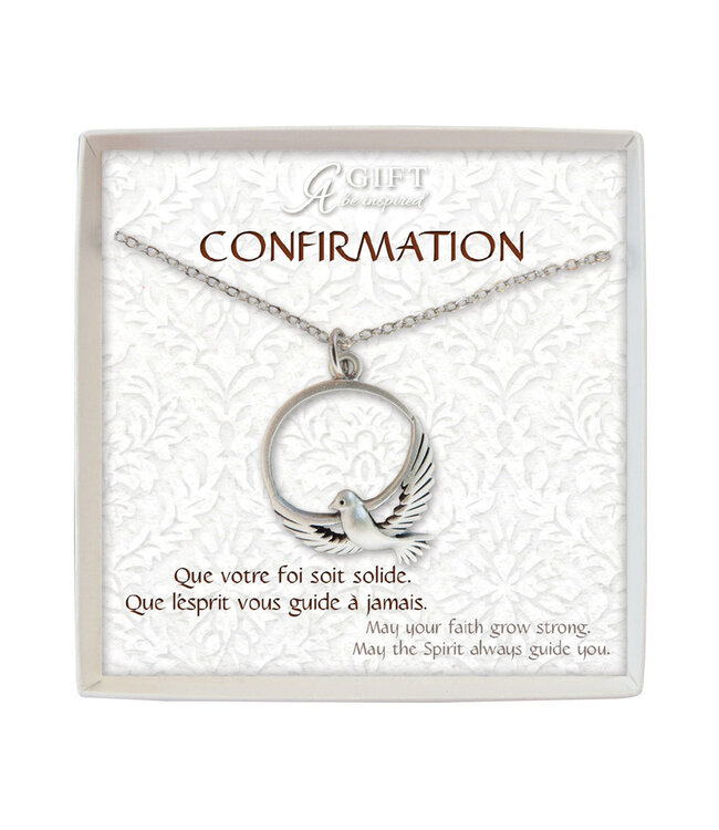 Pendentif colombe dans un cercle argenté et chaîne 18'' pour confirmation