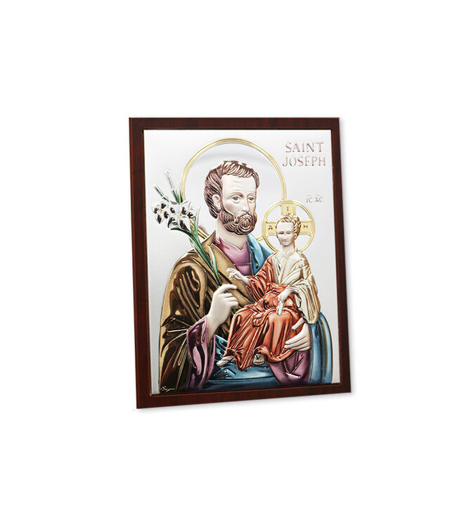Silver plated embossed metal Saint Joseph plaque on wood