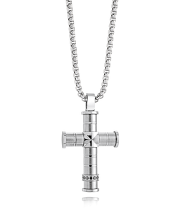 Brushed and polished cross necklace with black cubic zirconia