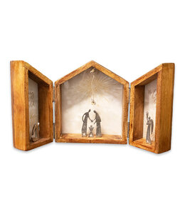 Tryptic rising star nativity scene in wood and pewter