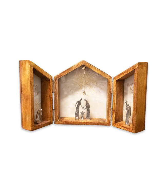 Crèche étoile montante tryptique en bois et étain