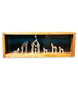 Nativity scene with metal characters in a wooden frame
