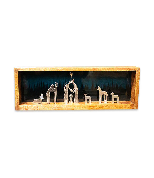 Nativity scene with metal characters in a wooden frame