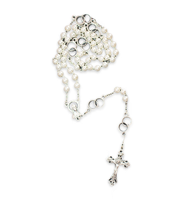 Pearl finish wedding rosary on silver-colored chain