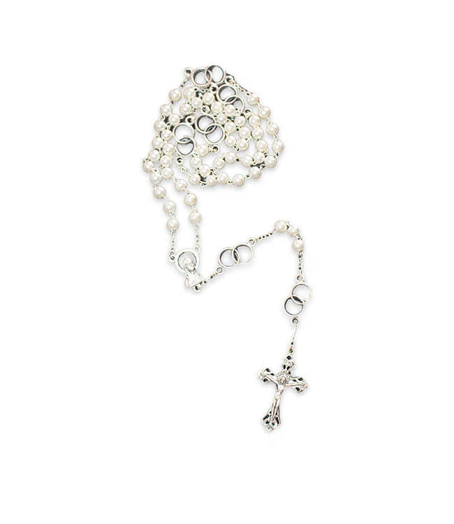Pearl finish wedding rosary on silver-colored chain