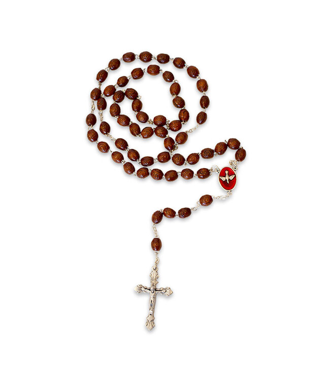 Chapelet  en bois foncé Confirmation Saint Esprit émaillé rouge en étain