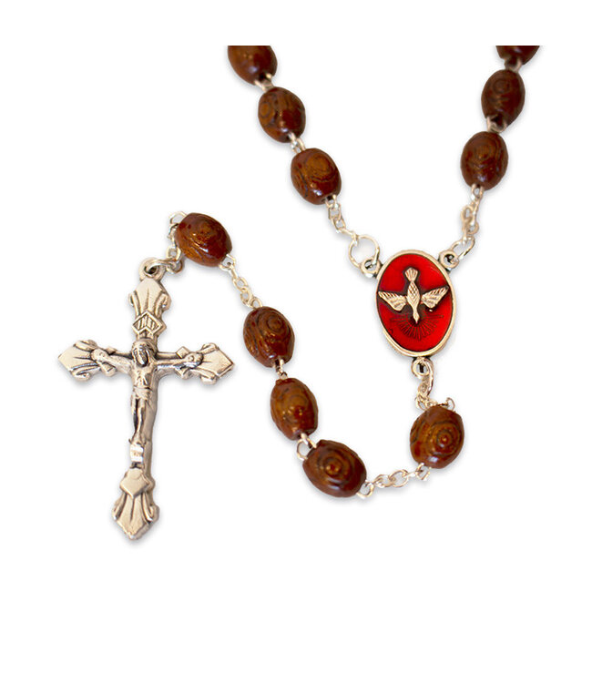 Confirmation dark wood rosary with red enameled pewter medal of Holy Spirit